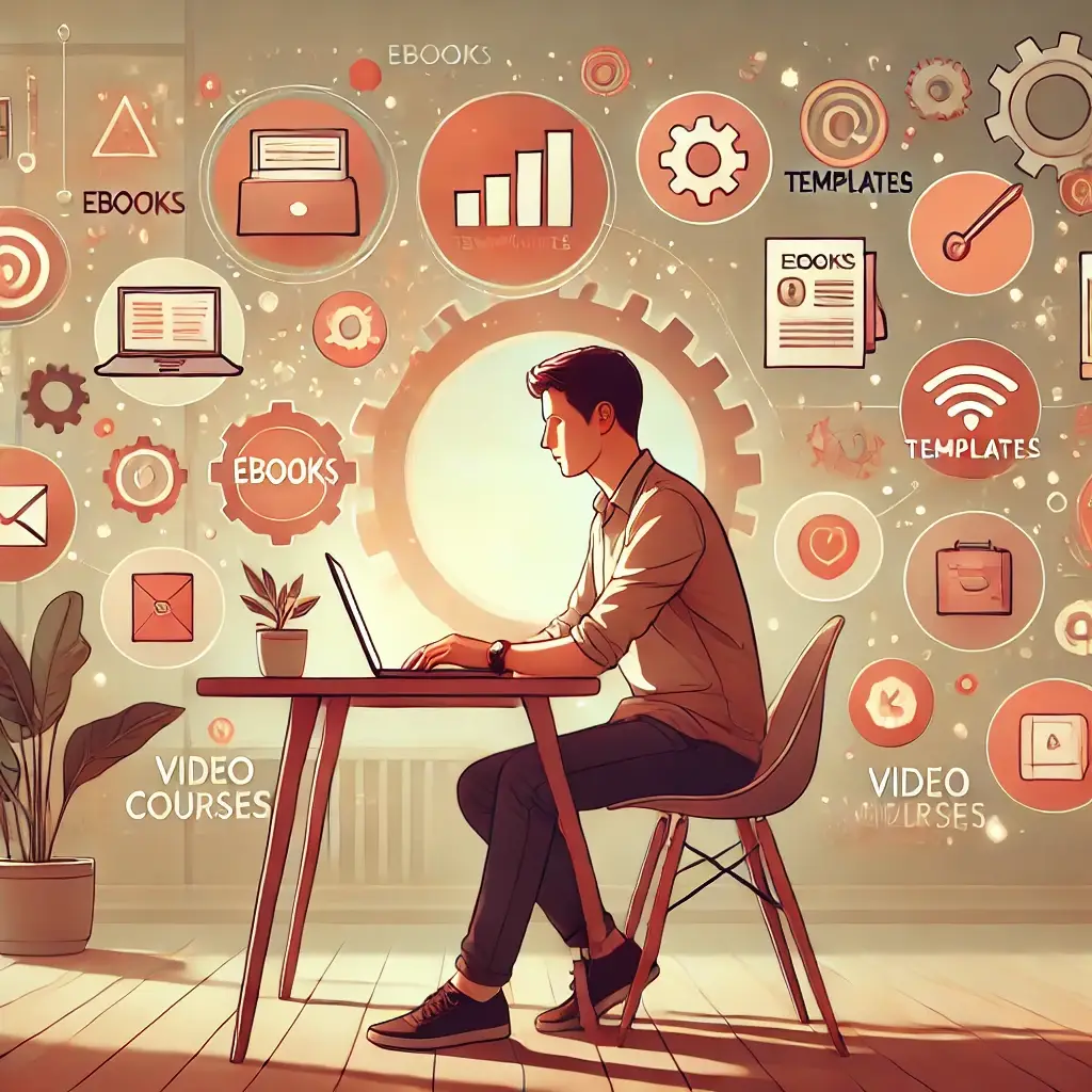 A solopreneur sitting at a modern desk using a laptop, surrounded by floating digital icons representing AI tools, templates, online courses, and marketing elements. The workspace is clean, warm, and tech-driven, symbolizing how AI supports digital product creation for small business owners and freelancers.