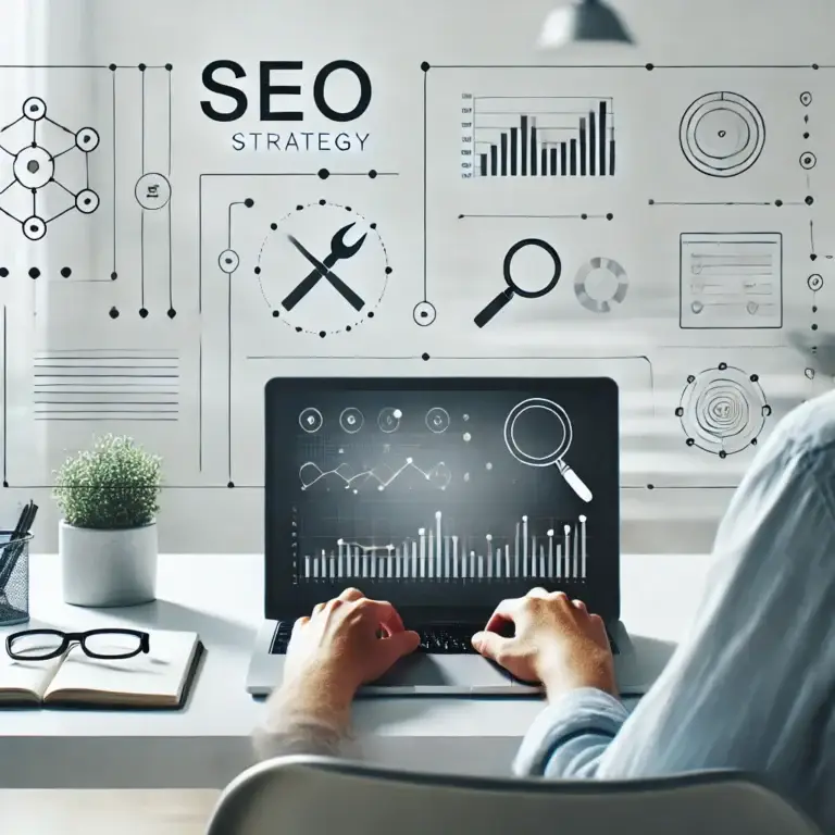 Small business owner working on a laptop in a clean modern workspace with SEO and AI visual elements, representing an AI-powered SEO strategy.