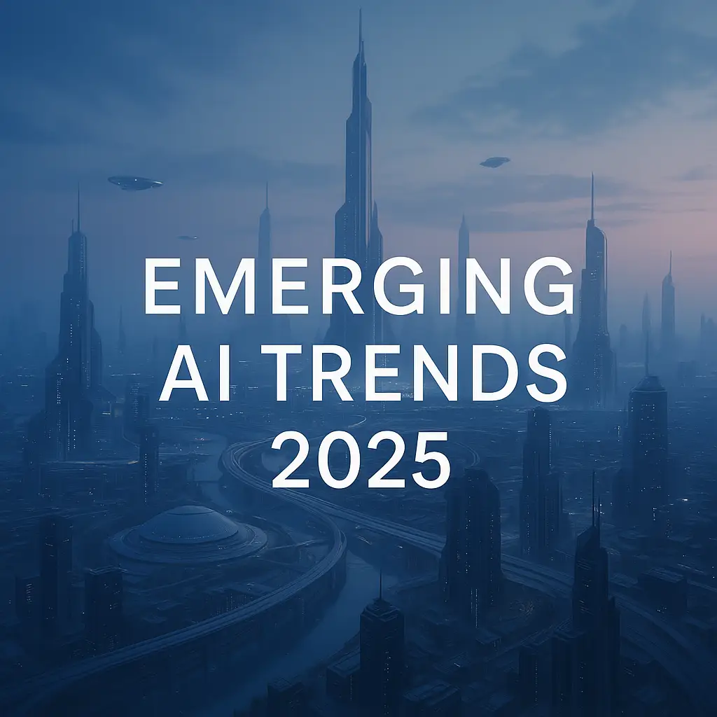 Futuristic cityscape with glowing skyscrapers and small “Emerging AI Trends 2025” text overlay, representing the evolution of AI technology and innovation.