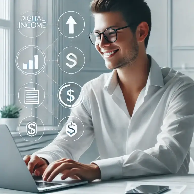 Confident small business owner working on a laptop with icons representing digital products and passive income