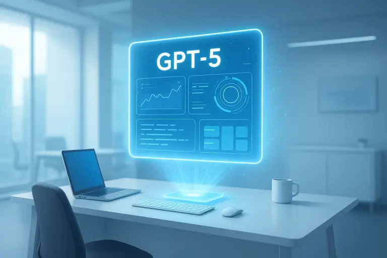 Futuristic digital workspace with a glowing GPT-5 holographic interface above a modern desk, symbolizing advanced AI technology, productivity automation, and next-gen collaboration tools.