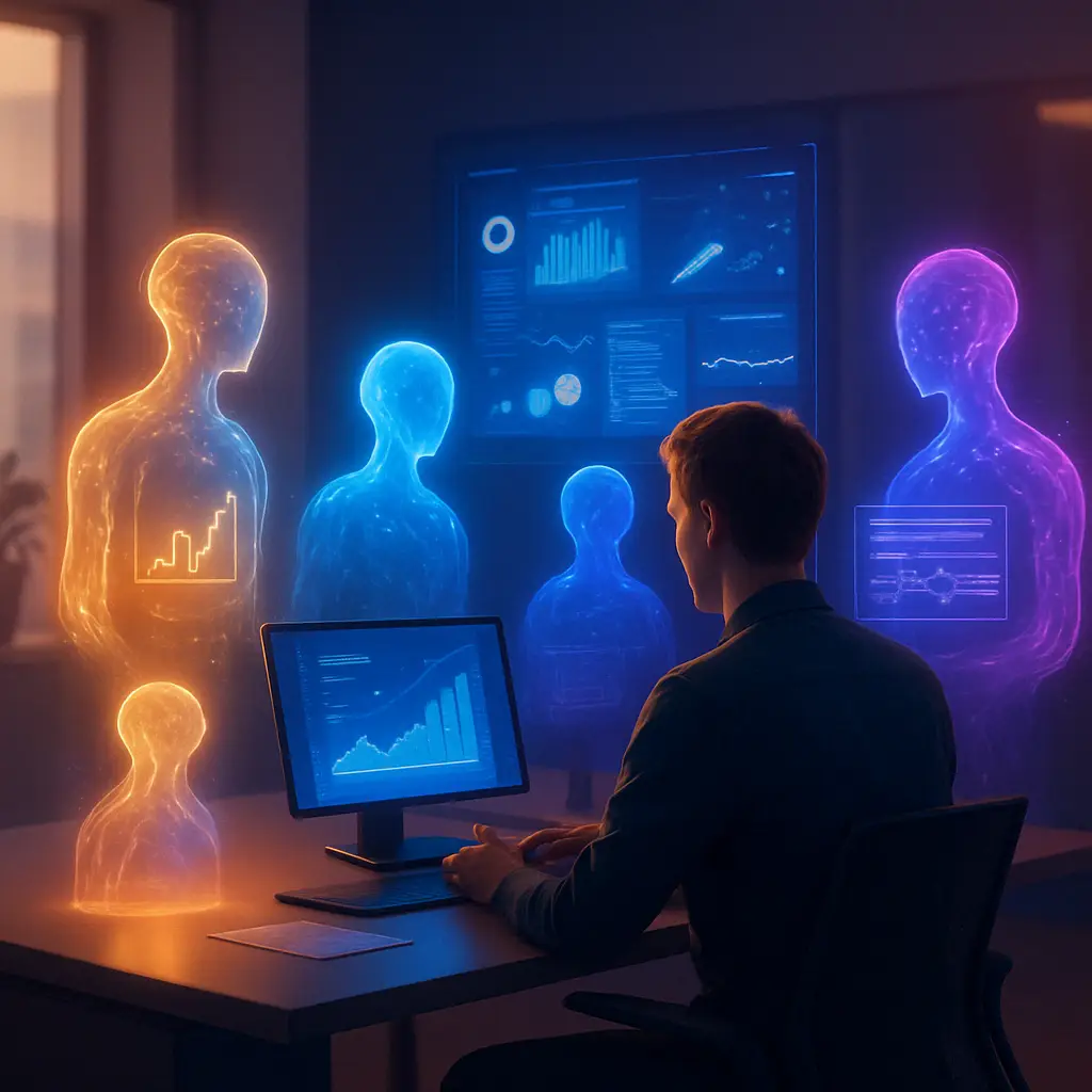 A futuristic digital workspace with glowing holographic AI agents interacting with virtual data systems, symbolizing autonomous software, collaboration, and the evolution of AI-driven productivity.
